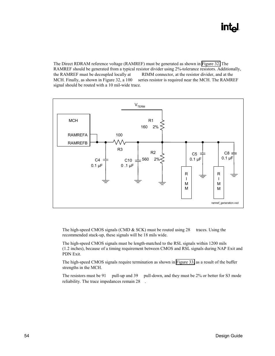 Direct rdram* reference voltage, High-speed cmos routing, Figure 32. ramref generation example circuit | Intel CHIPSET 820E User Manual | Page 54 / 239