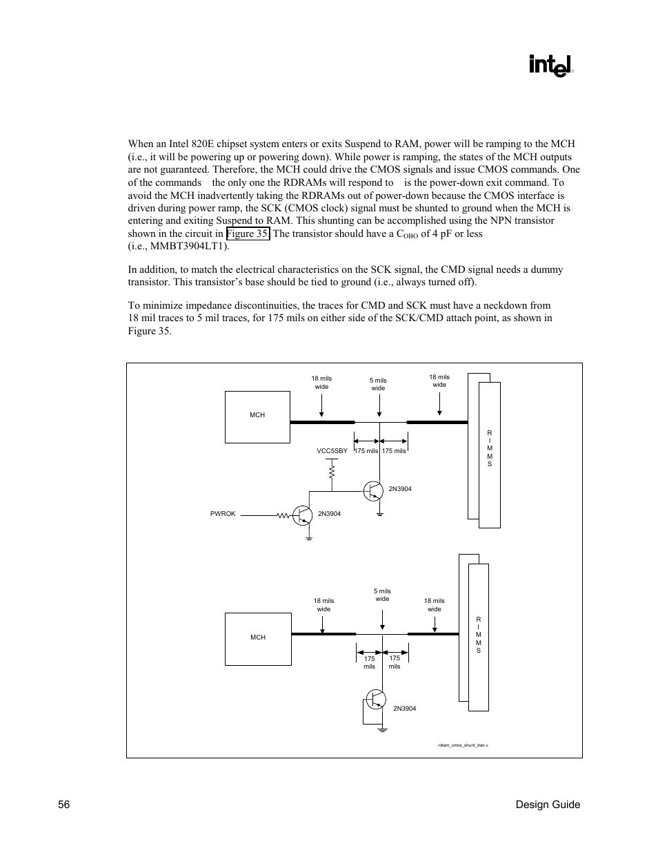 Suspend-to-ram shunt transistor, Figure 35. rdram cmos shunt transistor, Intel | 820e chipset, 56 design guide | Intel CHIPSET 820E User Manual | Page 56 / 239