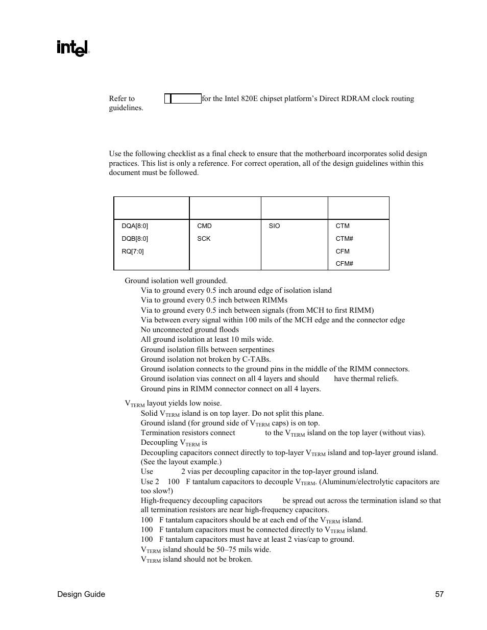 Direct rdram* clock routing, Direct rdram* design checklist, Table 9. signal list | Intel CHIPSET 820E User Manual | Page 57 / 239