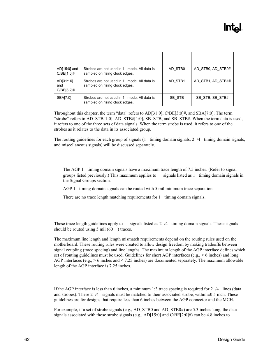 1× timing domain routing guidelines, 2ч/4ч timing domain routing guidelines, Table 10. agp 2.0 data/strobe associations | Intel CHIPSET 820E User Manual | Page 62 / 239