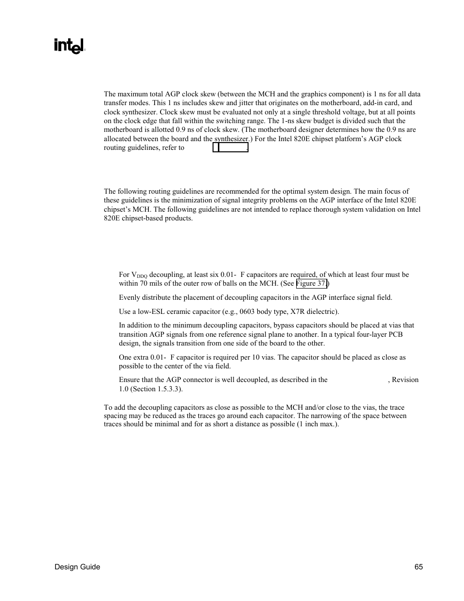 Agp clock routing, General agp routing guidelines, Recommendations | Intel CHIPSET 820E User Manual | Page 65 / 239