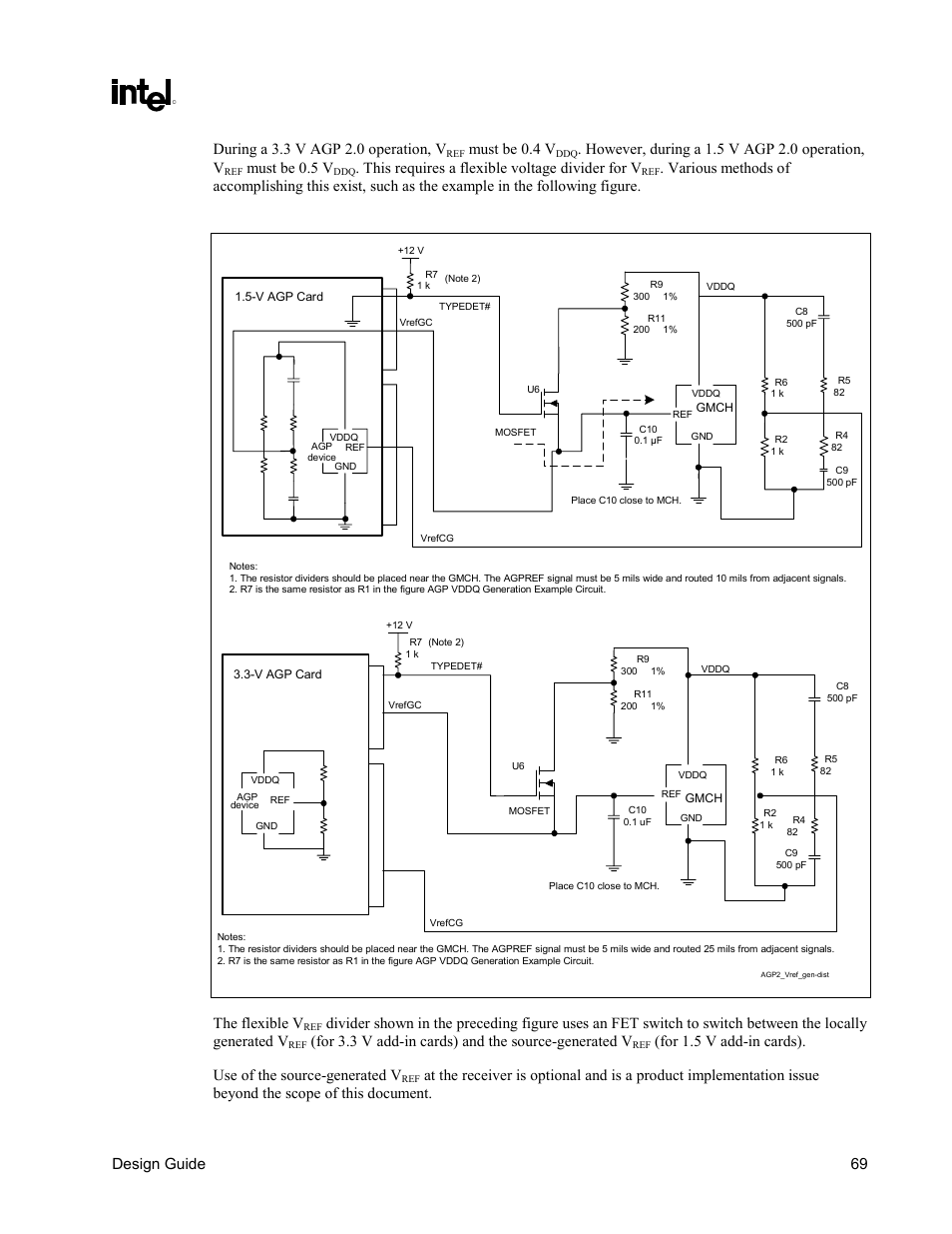 Figure 39. agp 2.0 v, Generation and distribution, Intel | 820e chipset, Must be 0.4 v, However, during a 1.5 v agp 2.0 operation, v, Must be 0.5 v, This requires a flexible voltage divider for v, The flexible v, For 3.3 v add-in cards) and the source-generated v | Intel CHIPSET 820E User Manual | Page 69 / 239