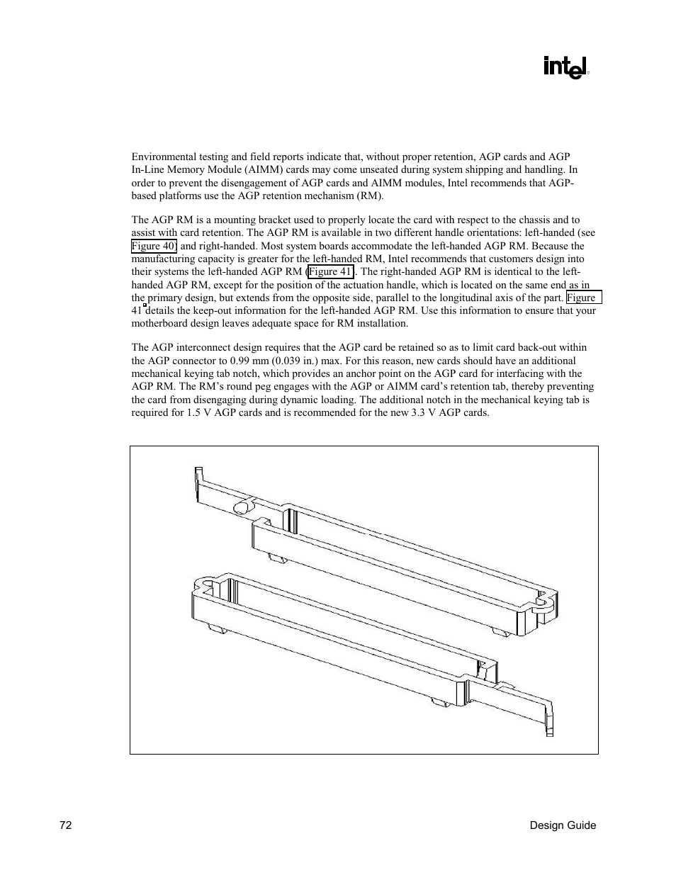 Agp universal retention mechanism (rm), Figure 40. agp left-handed retention mechanism | Intel CHIPSET 820E User Manual | Page 72 / 239