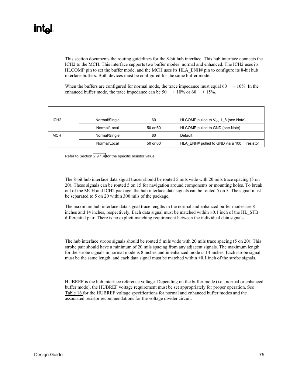 Bit hub interface routing guidelines, Bit hub interface data signals, Bit hub interface strobe signals | Bit hub interface hubref generation/distribution, 8-bit hub interface routing guidelines, 8-bit hub interface data signals, 8-bit hub interface strobe signals, 8-bit hub interface hubref generation/distribution | Intel CHIPSET 820E User Manual | Page 75 / 239