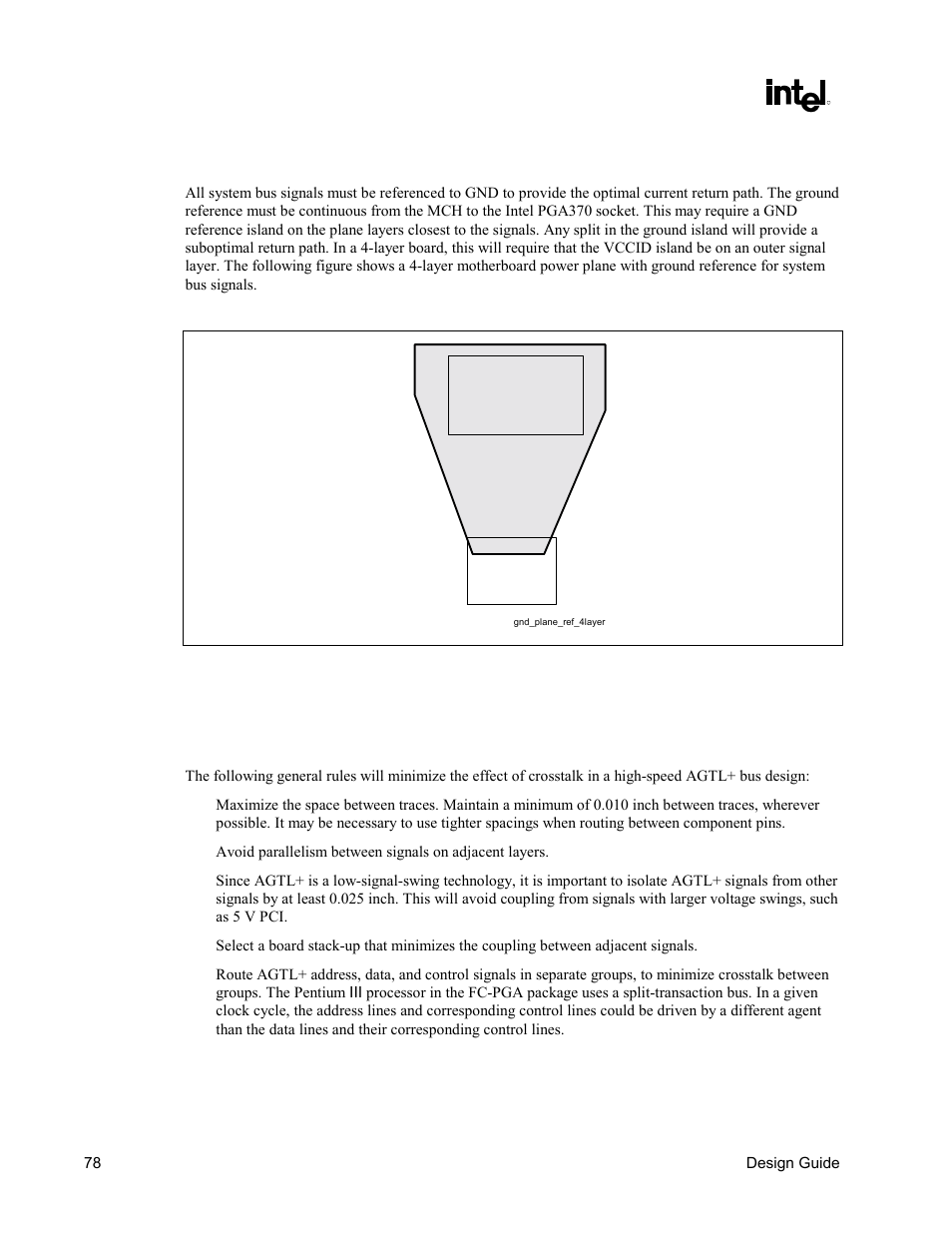 System bus ground plane reference, Additional host bus guidelines | Intel CHIPSET 820E User Manual | Page 78 / 239