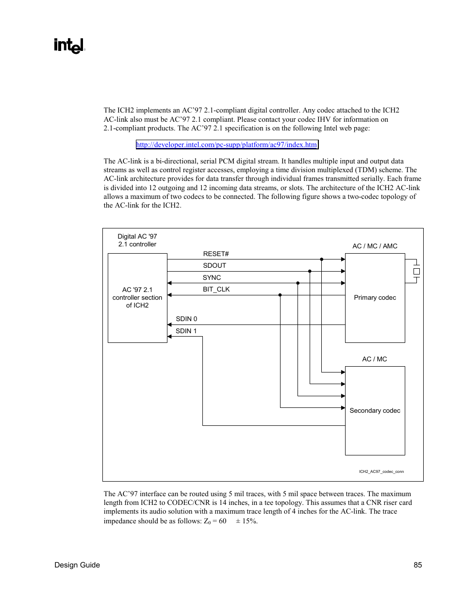 Ac’97, Figure 50. ich2 ac’97– codec connection | Intel CHIPSET 820E User Manual | Page 85 / 239