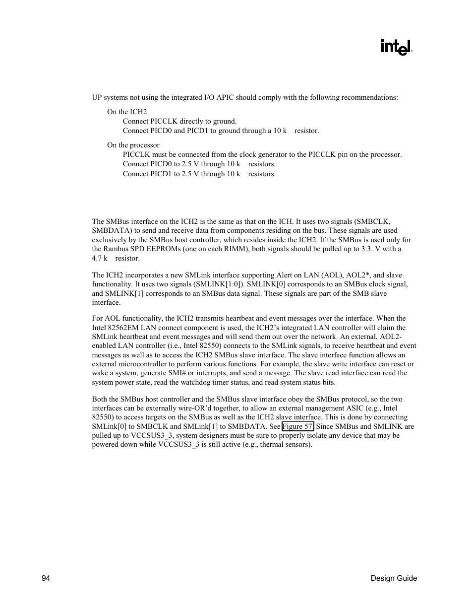 I/o apic design recommendation, Smbus/smlink interface | Intel CHIPSET 820E User Manual | Page 94 / 239