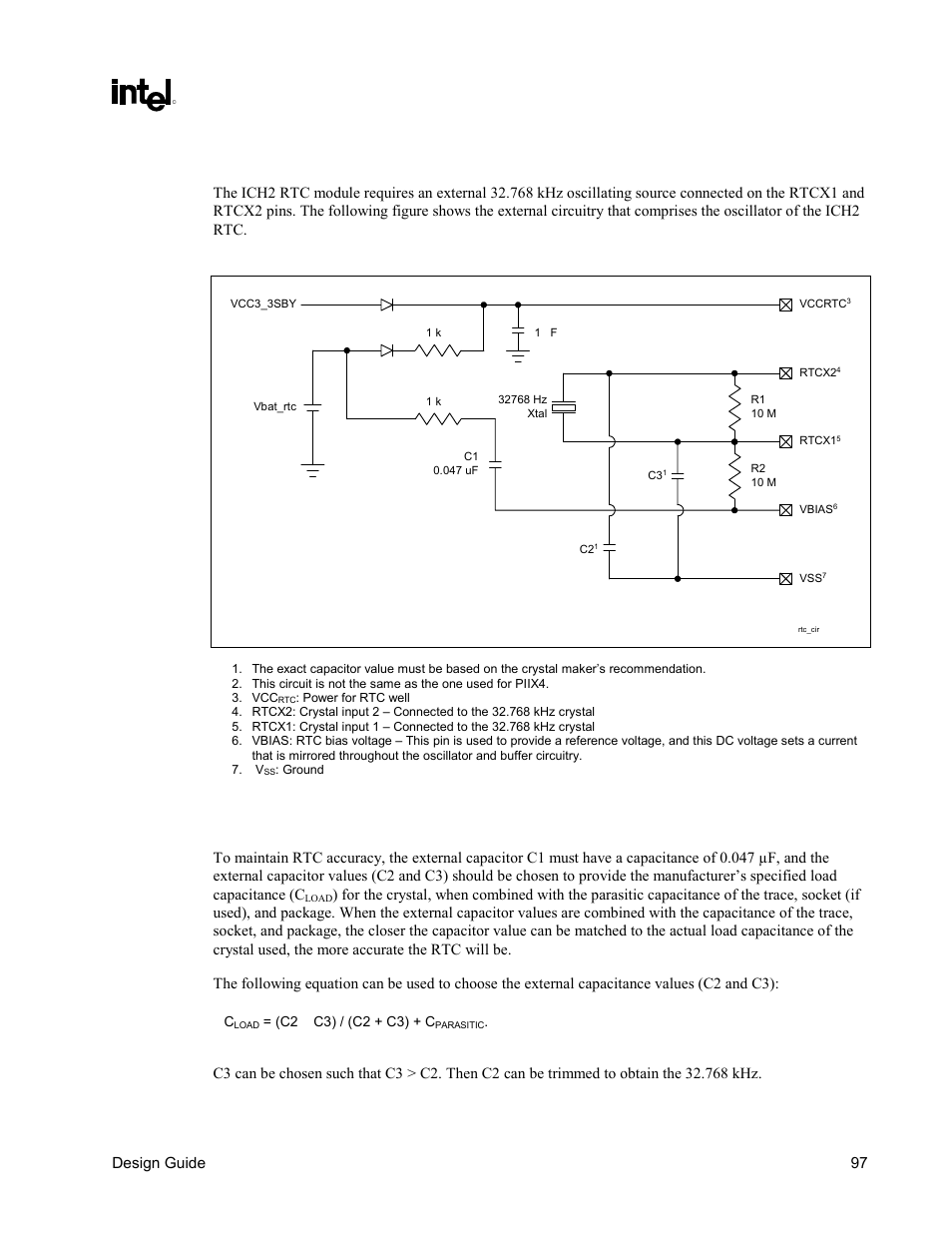 Rtc crystal, External capacitors, Figure 59. external circuitry for the ich rtc | Intel CHIPSET 820E User Manual | Page 97 / 239