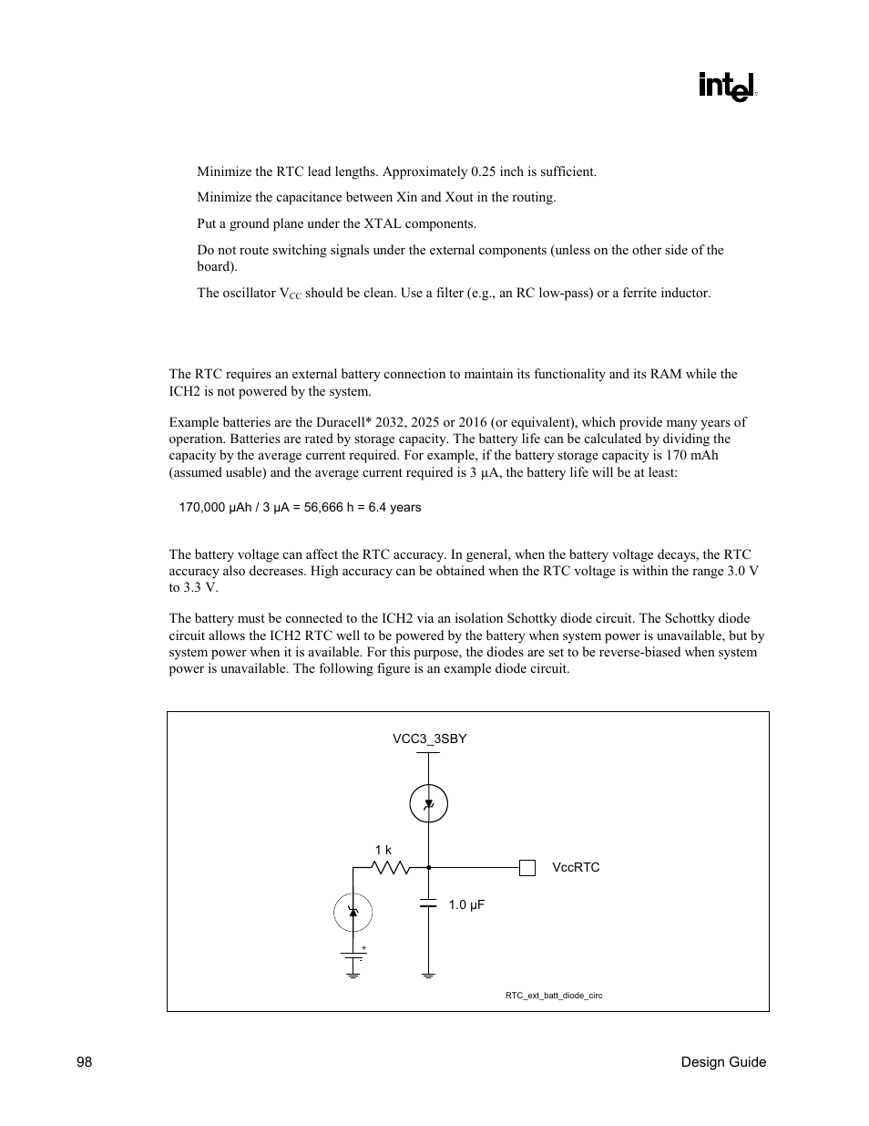 Rtc layout considerations, Rtc external battery connection | Intel CHIPSET 820E User Manual | Page 98 / 239