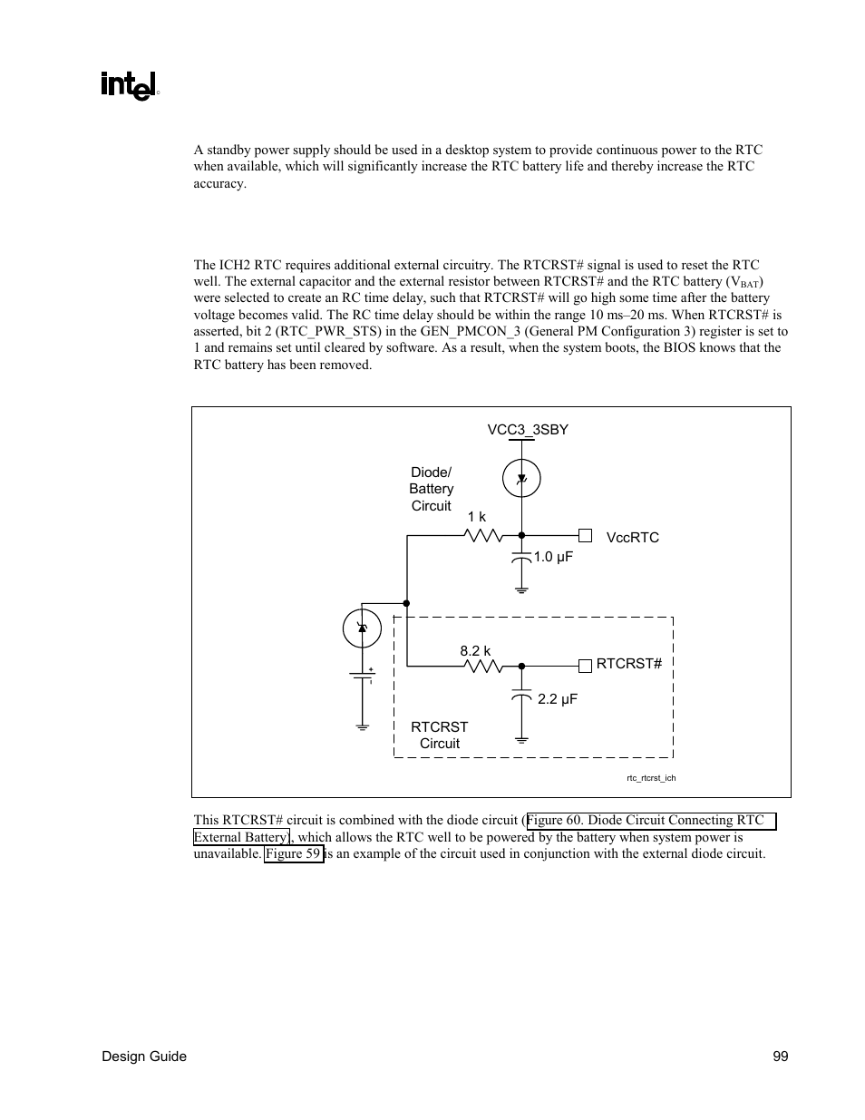 Rtc external rtcrst circuit, Figure 61. rtcrst external circuit for ich2 rtc | Intel CHIPSET 820E User Manual | Page 99 / 239