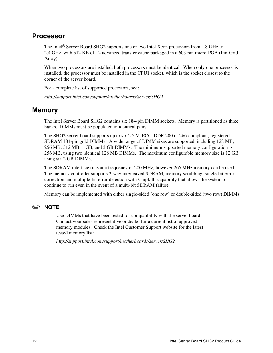 Processor, Memory | Intel SHG2 User Manual | Page 12 / 100