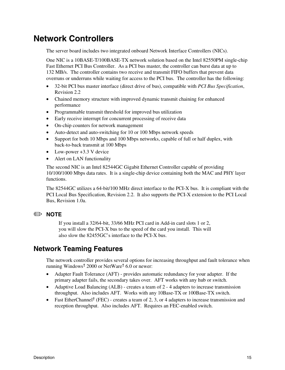 Network controllers, Network teaming features | Intel SHG2 User Manual | Page 15 / 100