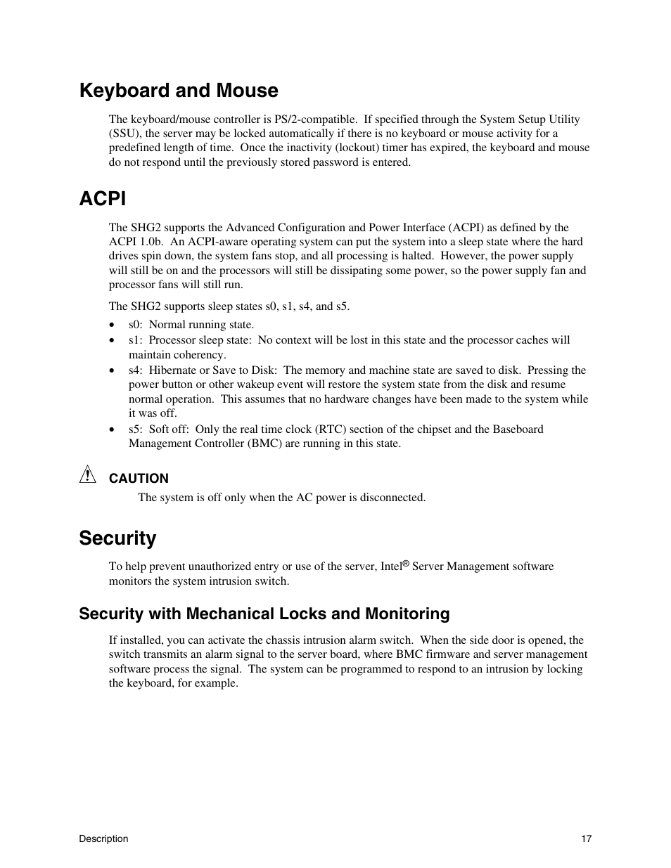 Keyboard and mouse, Acpi, Security | Security with mechanical locks and monitoring | Intel SHG2 User Manual | Page 17 / 100