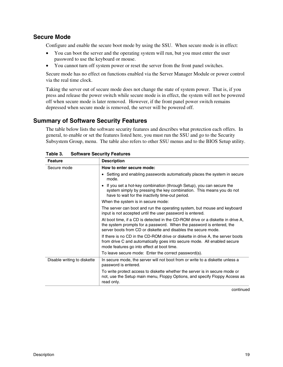 Secure mode, Summary of software security features | Intel SHG2 User Manual | Page 19 / 100