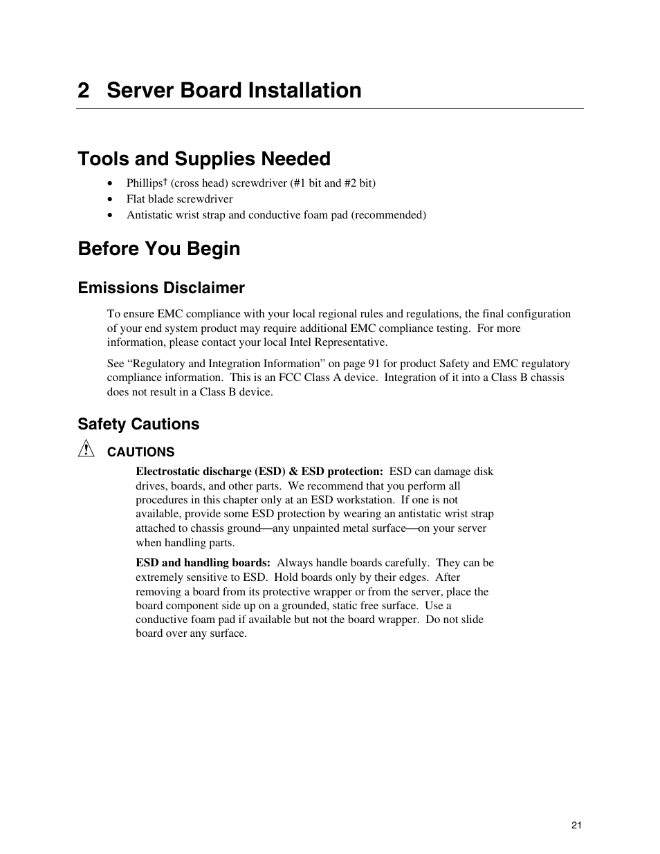 2 server board installation, Tools and supplies needed, Before you begin | Emissions disclaimer, Safety cautions | Intel SHG2 User Manual | Page 21 / 100