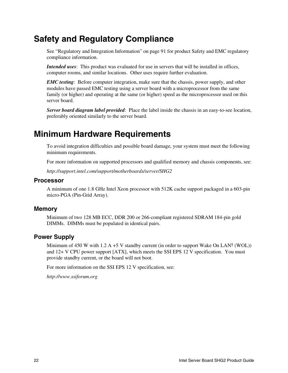 Safety and regulatory compliance, Minimum hardware requirements | Intel SHG2 User Manual | Page 22 / 100