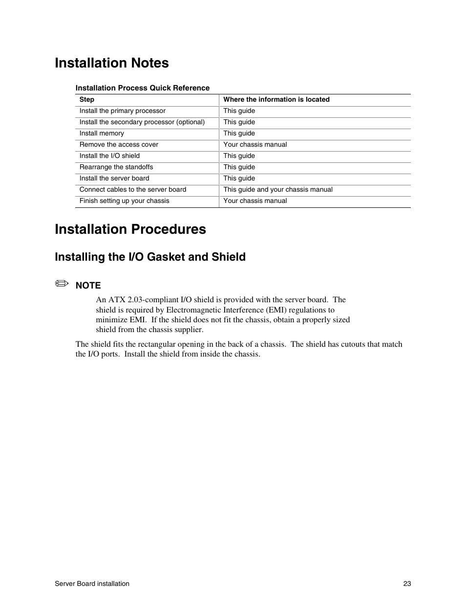 Installation notes, Installation procedures, Installing the i/o gasket and shield | Intel SHG2 User Manual | Page 23 / 100
