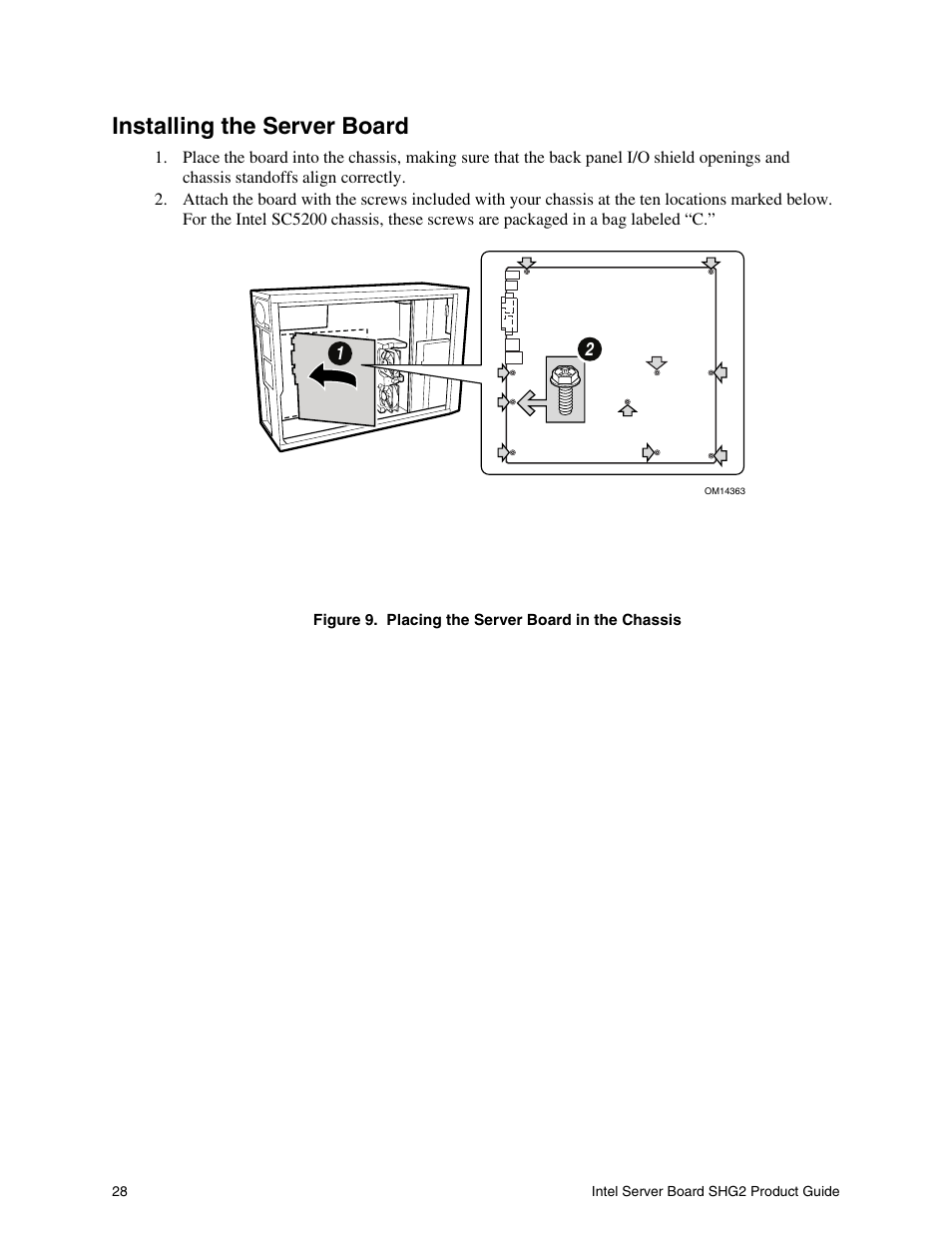 Installing the server board | Intel SHG2 User Manual | Page 28 / 100