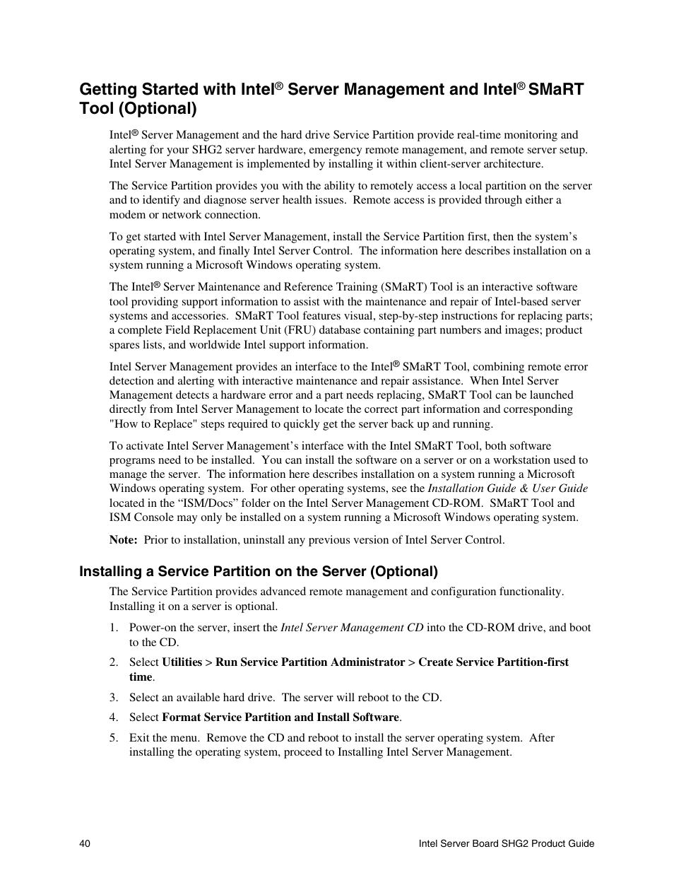 Getting started with intel, Server management and intel, Smart tool (optional) | Intel SHG2 User Manual | Page 40 / 100