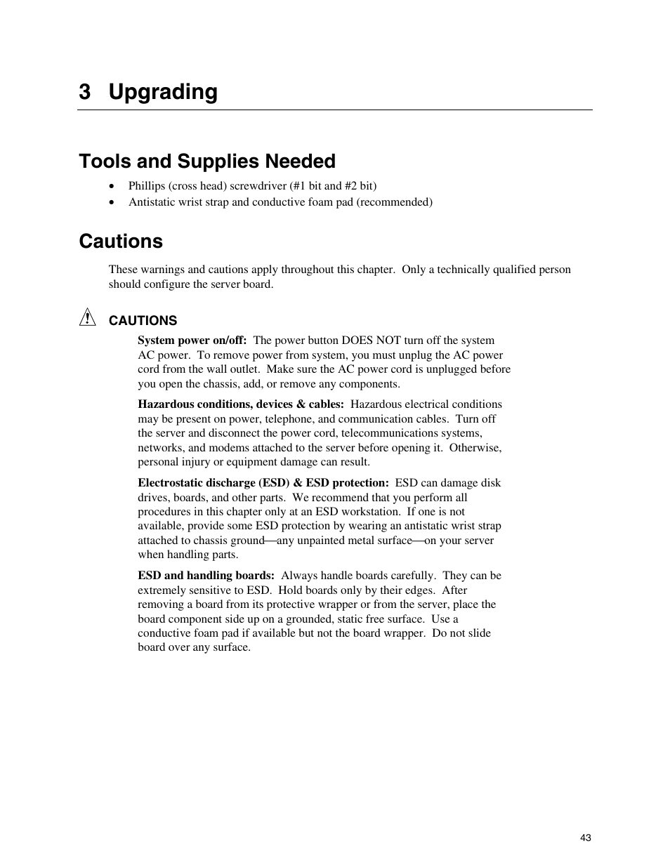 3 upgrading, Tools and supplies needed, Cautions | Intel SHG2 User Manual | Page 43 / 100