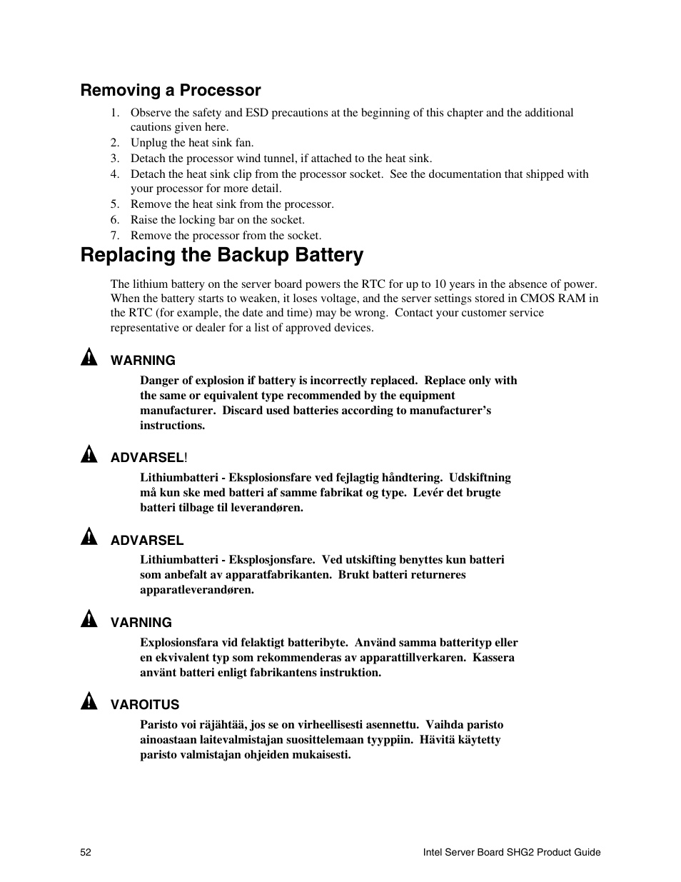 Removing a processor, Replacing the backup battery | Intel SHG2 User Manual | Page 52 / 100