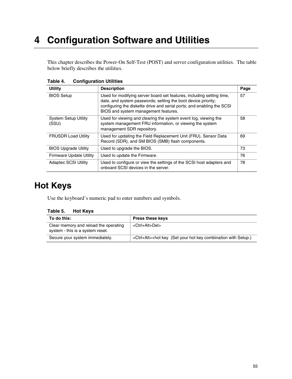 4 configuration software and utilities, Hot keys | Intel SHG2 User Manual | Page 55 / 100