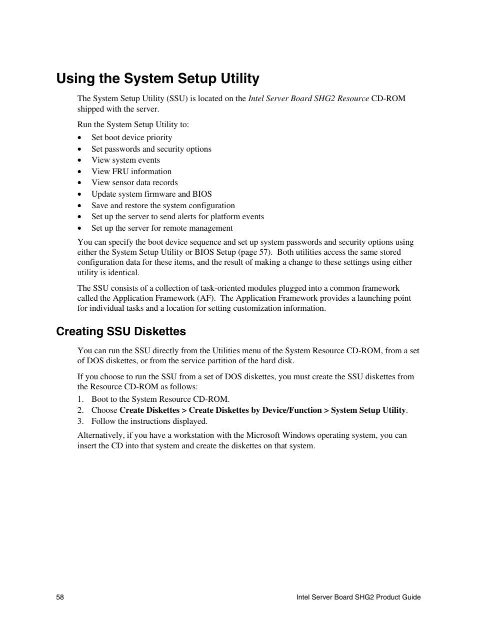 Using the system setup utility, Creating ssu diskettes | Intel SHG2 User Manual | Page 58 / 100