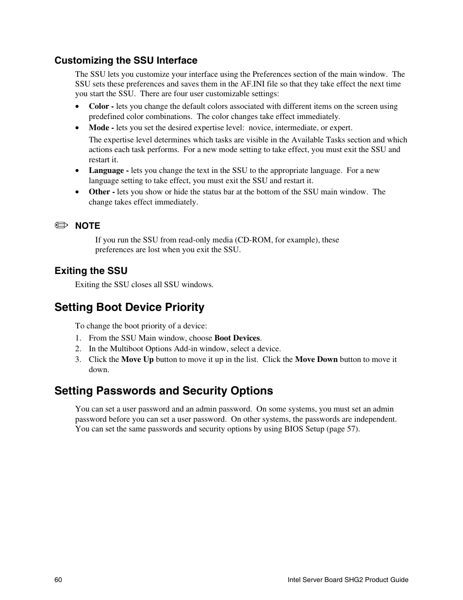 Setting boot device priority, Setting passwords and security options | Intel SHG2 User Manual | Page 60 / 100