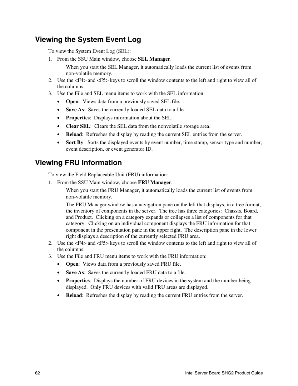 Viewing the system event log, Viewing fru information | Intel SHG2 User Manual | Page 62 / 100