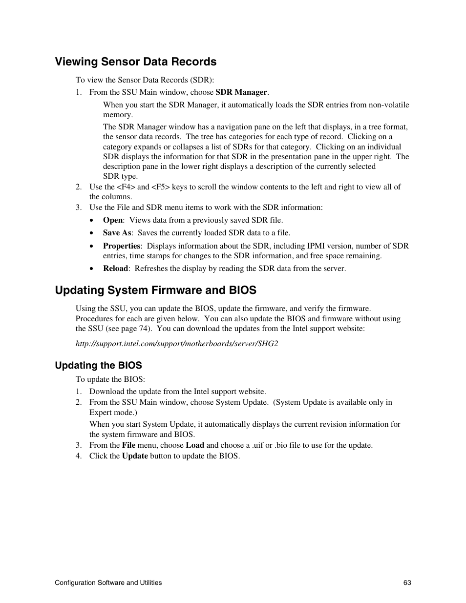 Viewing sensor data records, Updating system firmware and bios | Intel SHG2 User Manual | Page 63 / 100