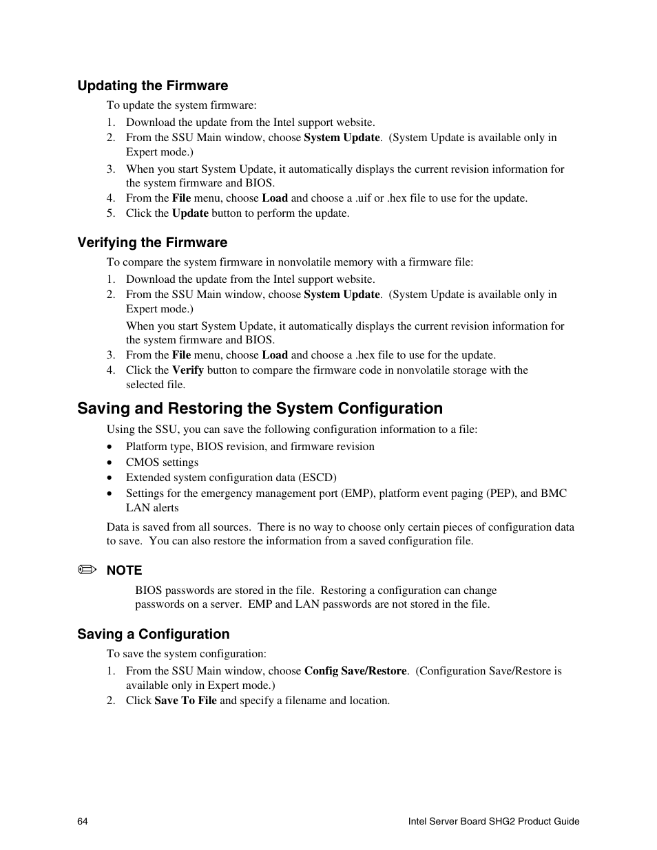 Saving and restoring the system configuration | Intel SHG2 User Manual | Page 64 / 100