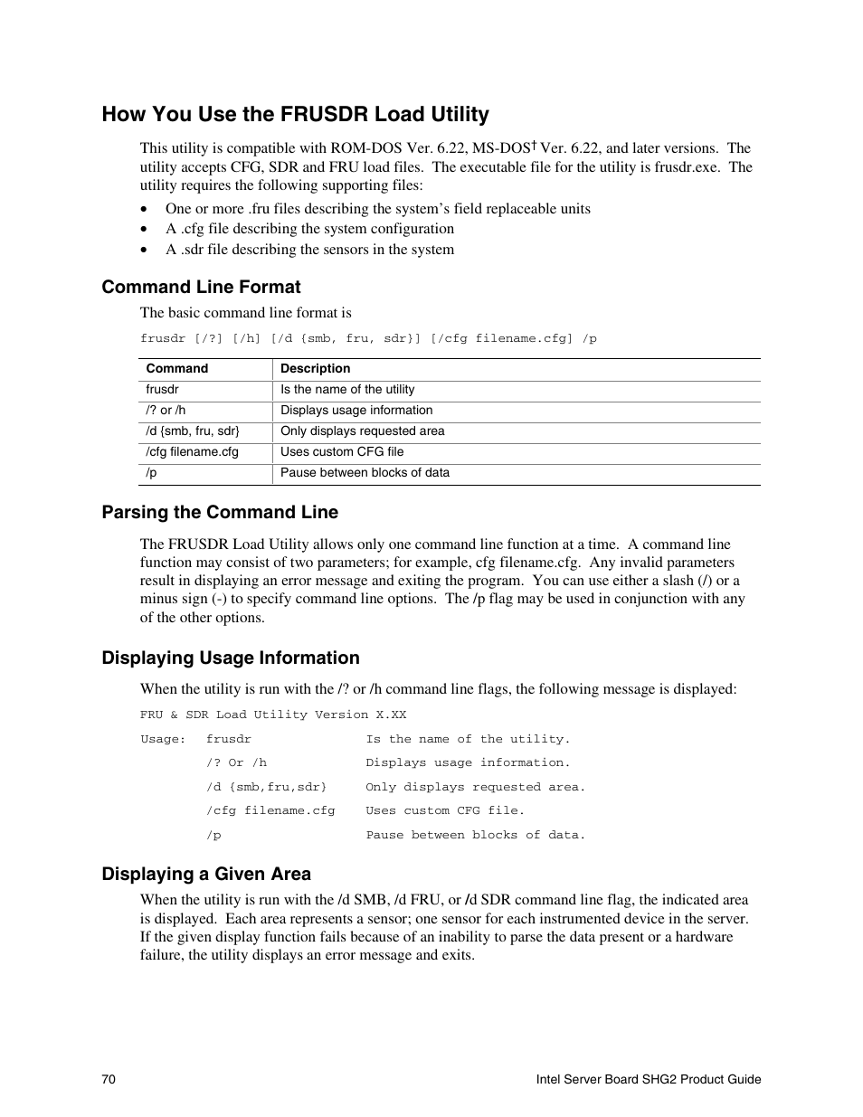 How you use the frusdr load utility, Command line format, Parsing the command line | Displaying usage information, Displaying a given area | Intel SHG2 User Manual | Page 70 / 100