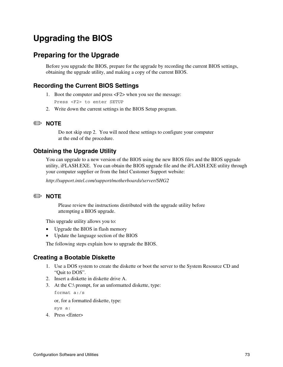 Upgrading the bios, Preparing for the upgrade | Intel SHG2 User Manual | Page 73 / 100