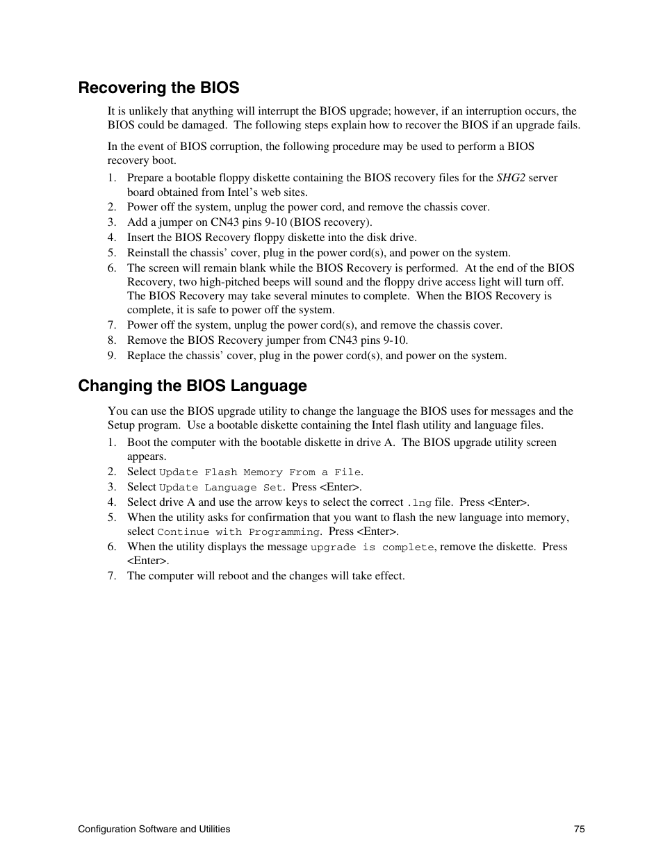 Recovering the bios, Changing the bios language | Intel SHG2 User Manual | Page 75 / 100