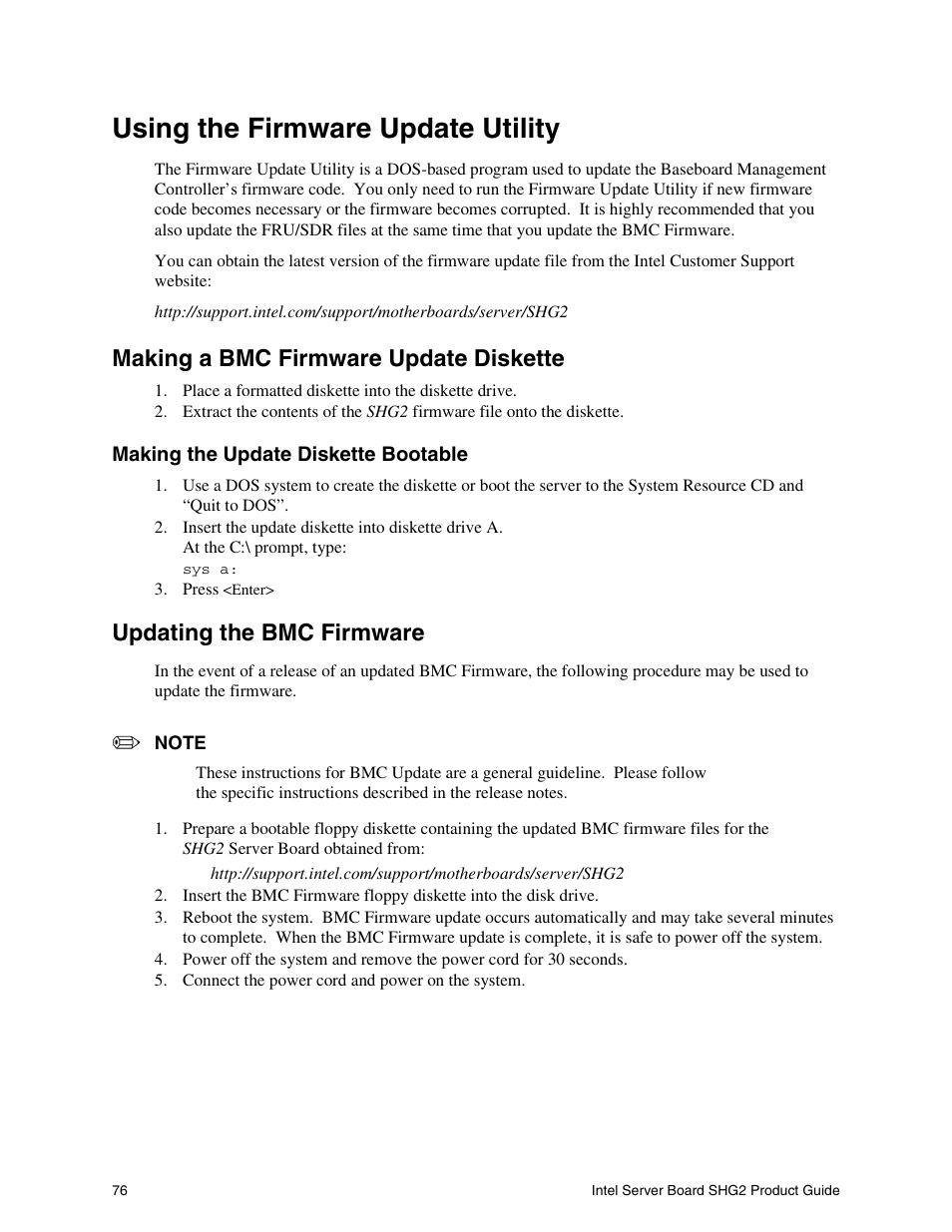 Using the firmware update utility, Making a bmc firmware update diskette, Updating the bmc firmware | Intel SHG2 User Manual | Page 76 / 100