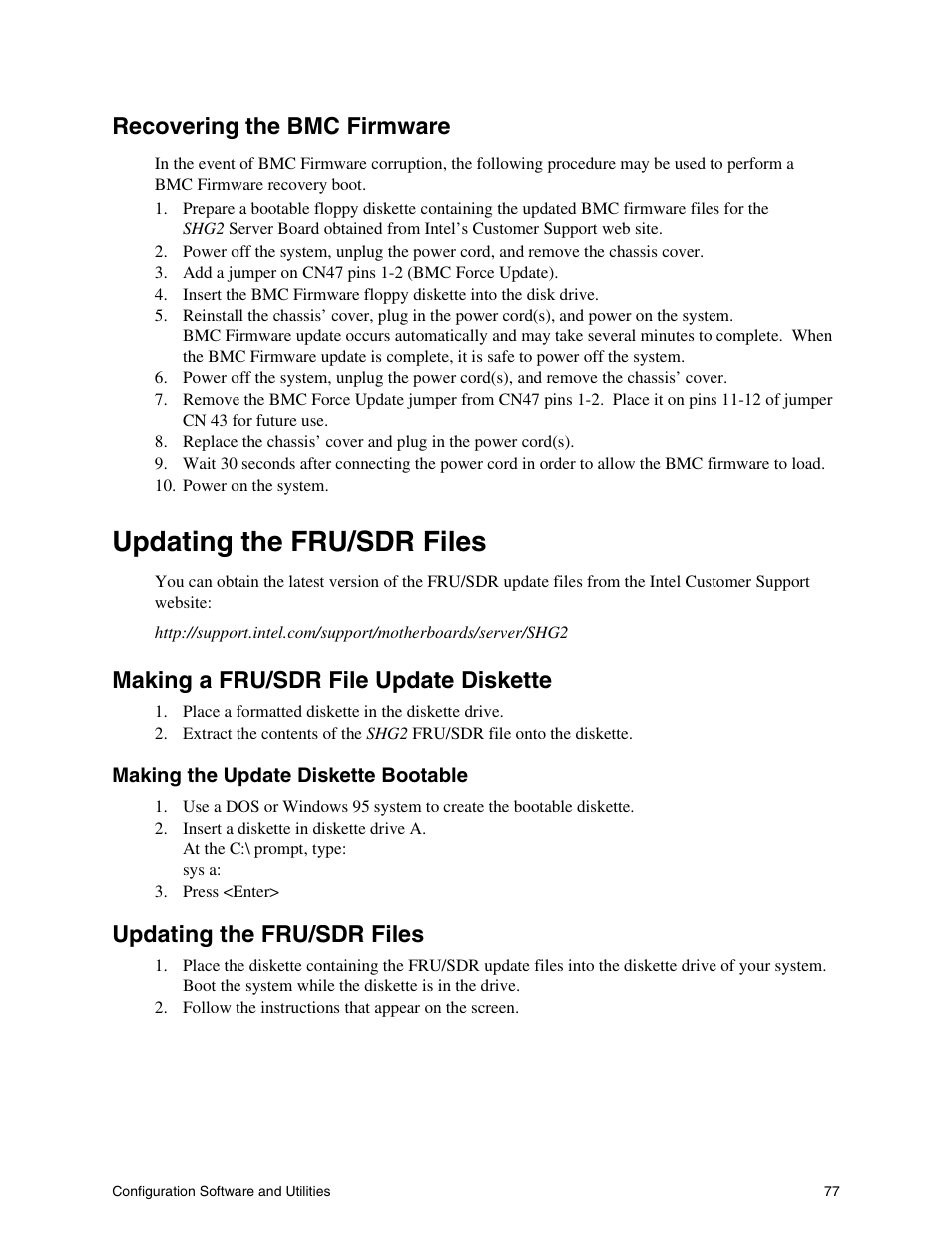 Recovering the bmc firmware, Updating the fru/sdr files, Making a fru/sdr file update diskette | Intel SHG2 User Manual | Page 77 / 100