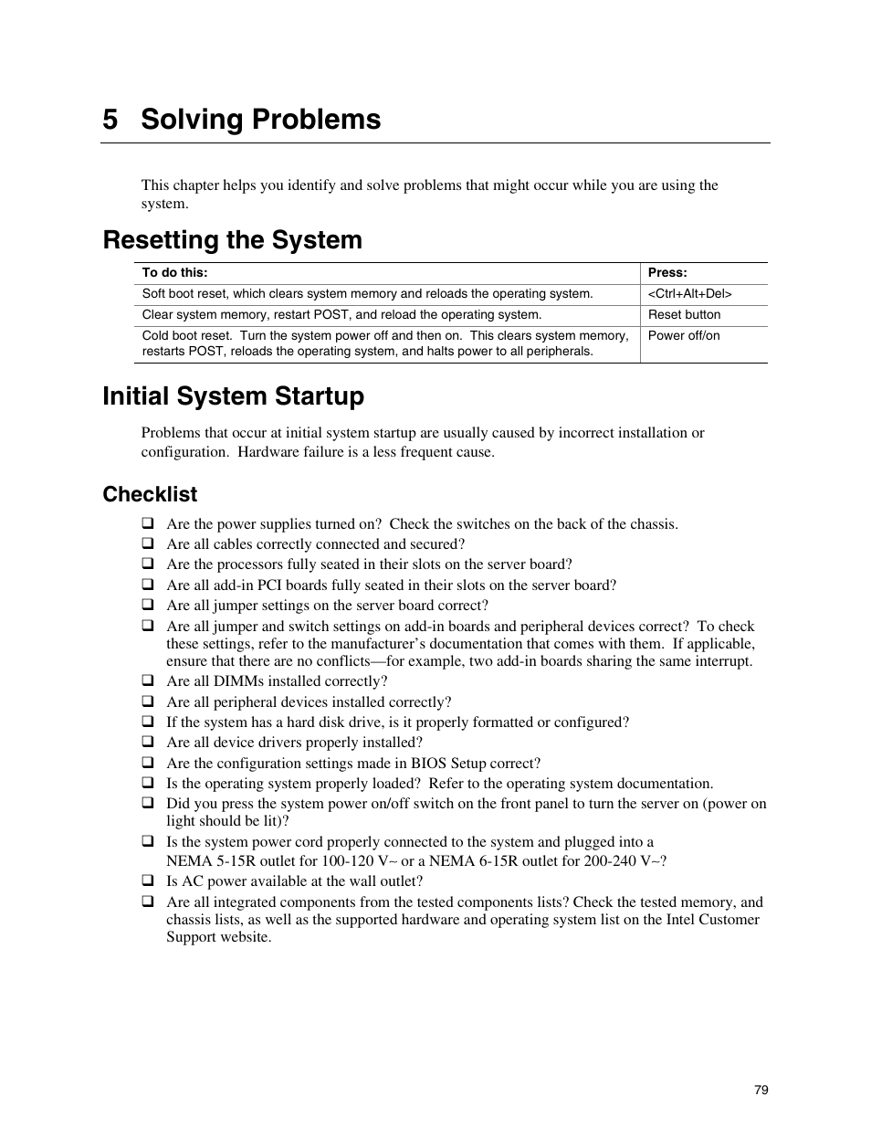 5 solving problems, Resetting the system, Initial system startup | Checklist | Intel SHG2 User Manual | Page 79 / 100