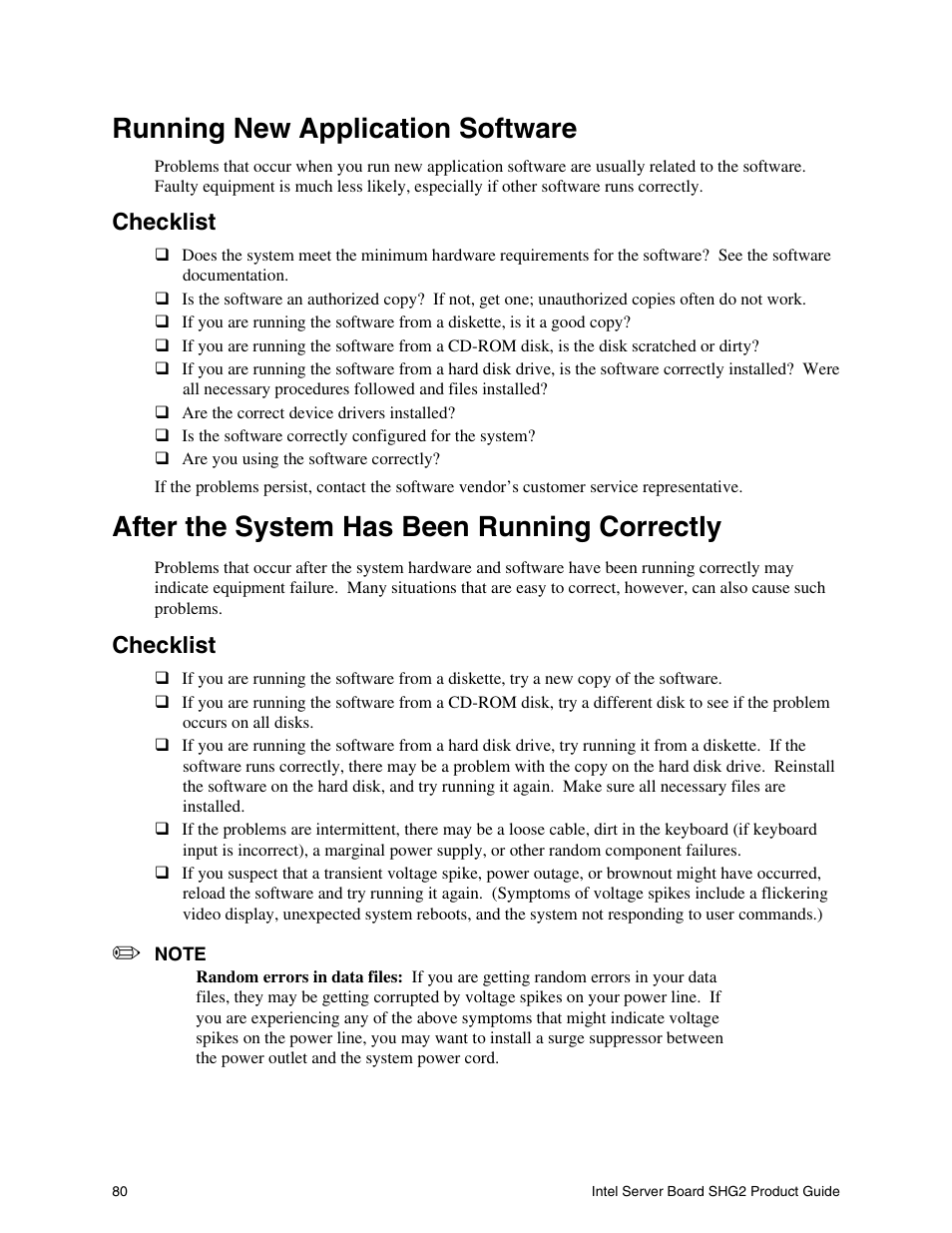 Running new application software, Checklist, After the system has been running correctly | Intel SHG2 User Manual | Page 80 / 100