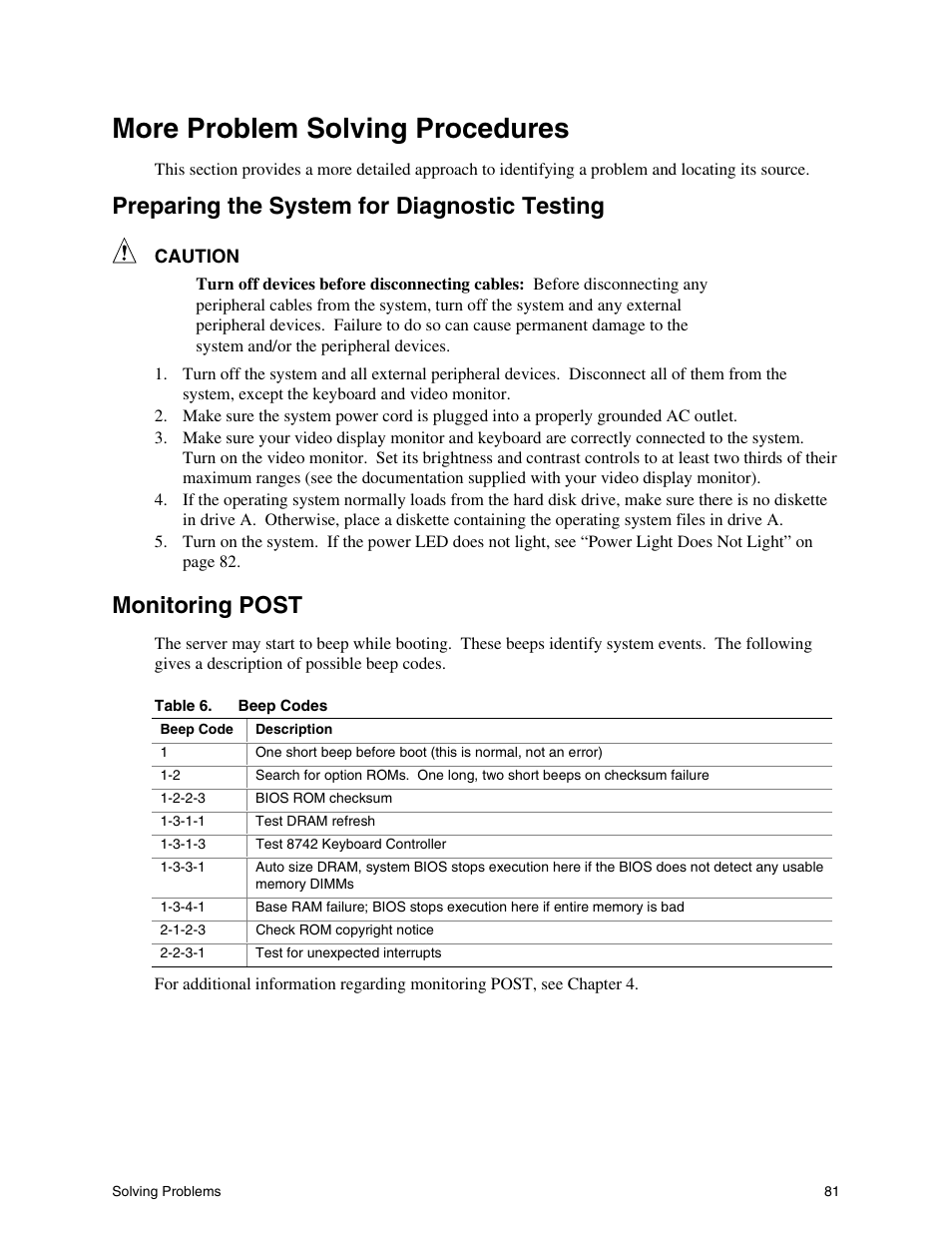 More problem solving procedures, Preparing the system for diagnostic testing, Monitoring post | Intel SHG2 User Manual | Page 81 / 100