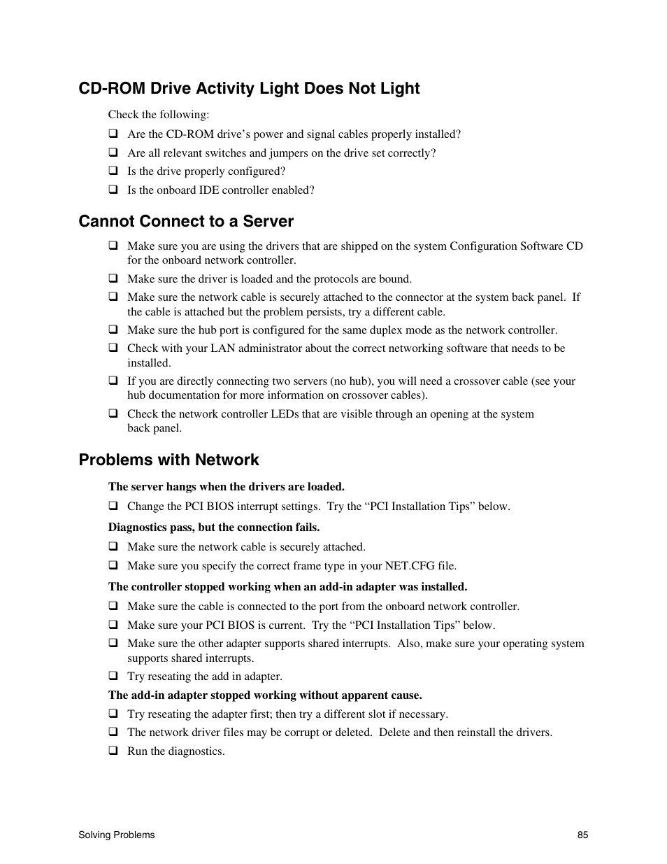 Cd-rom drive activity light does not light, Cannot connect to a server, Problems with network | Intel SHG2 User Manual | Page 85 / 100