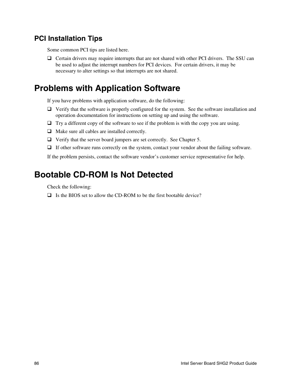 Pci installation tips, Problems with application software, Bootable cd-rom is not detected | Intel SHG2 User Manual | Page 86 / 100