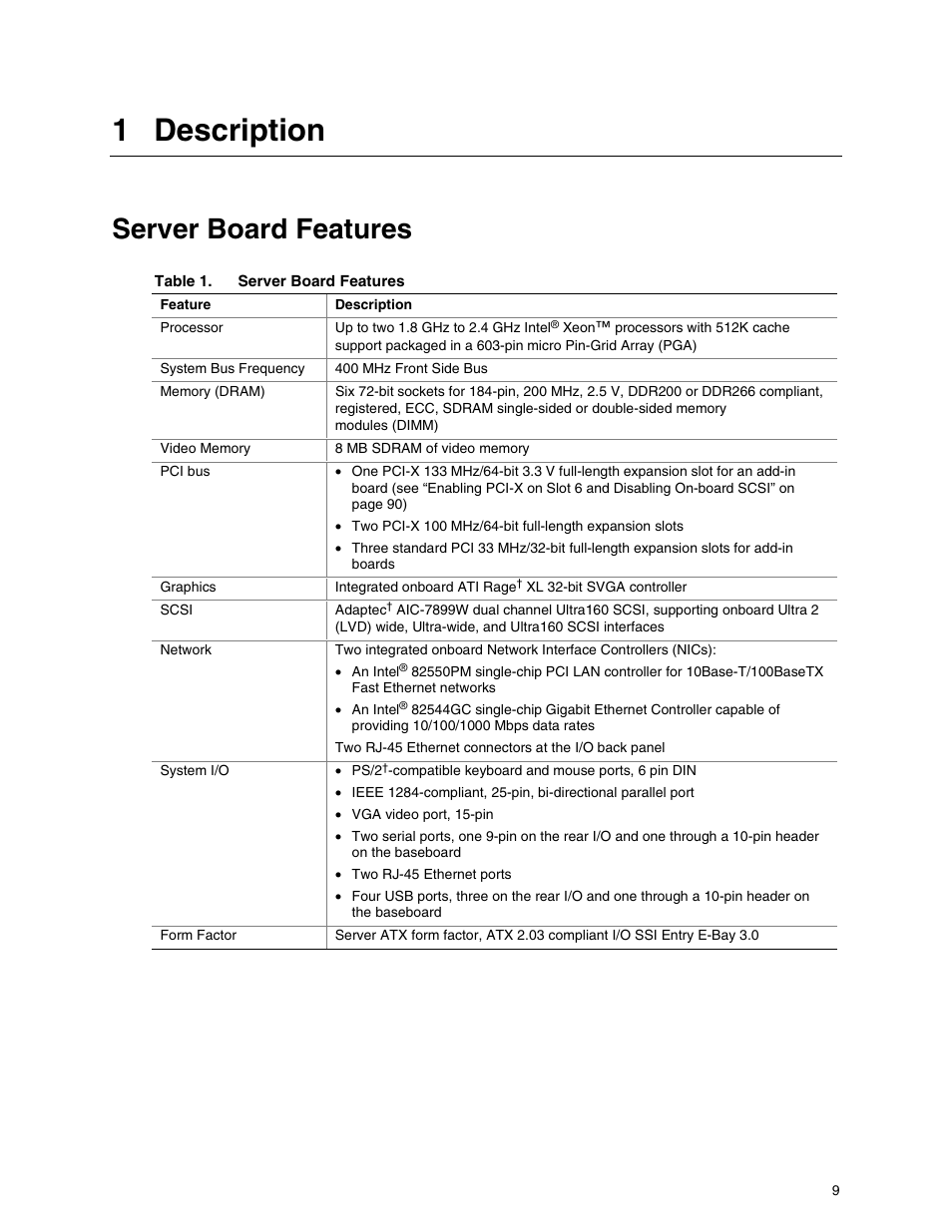1 description, Server board features | Intel SHG2 User Manual | Page 9 / 100