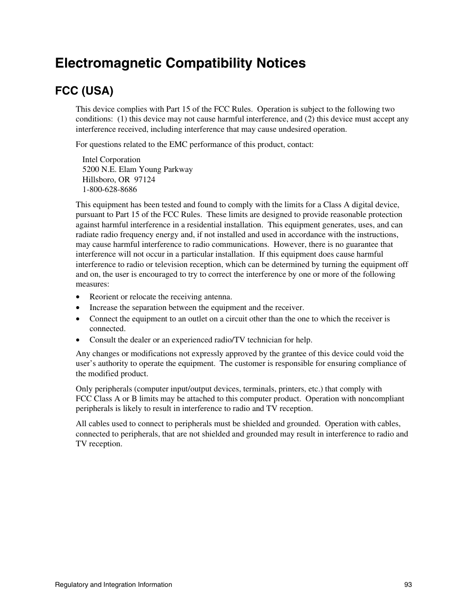 Electromagnetic compatibility notices, Fcc (usa) | Intel SHG2 User Manual | Page 93 / 100