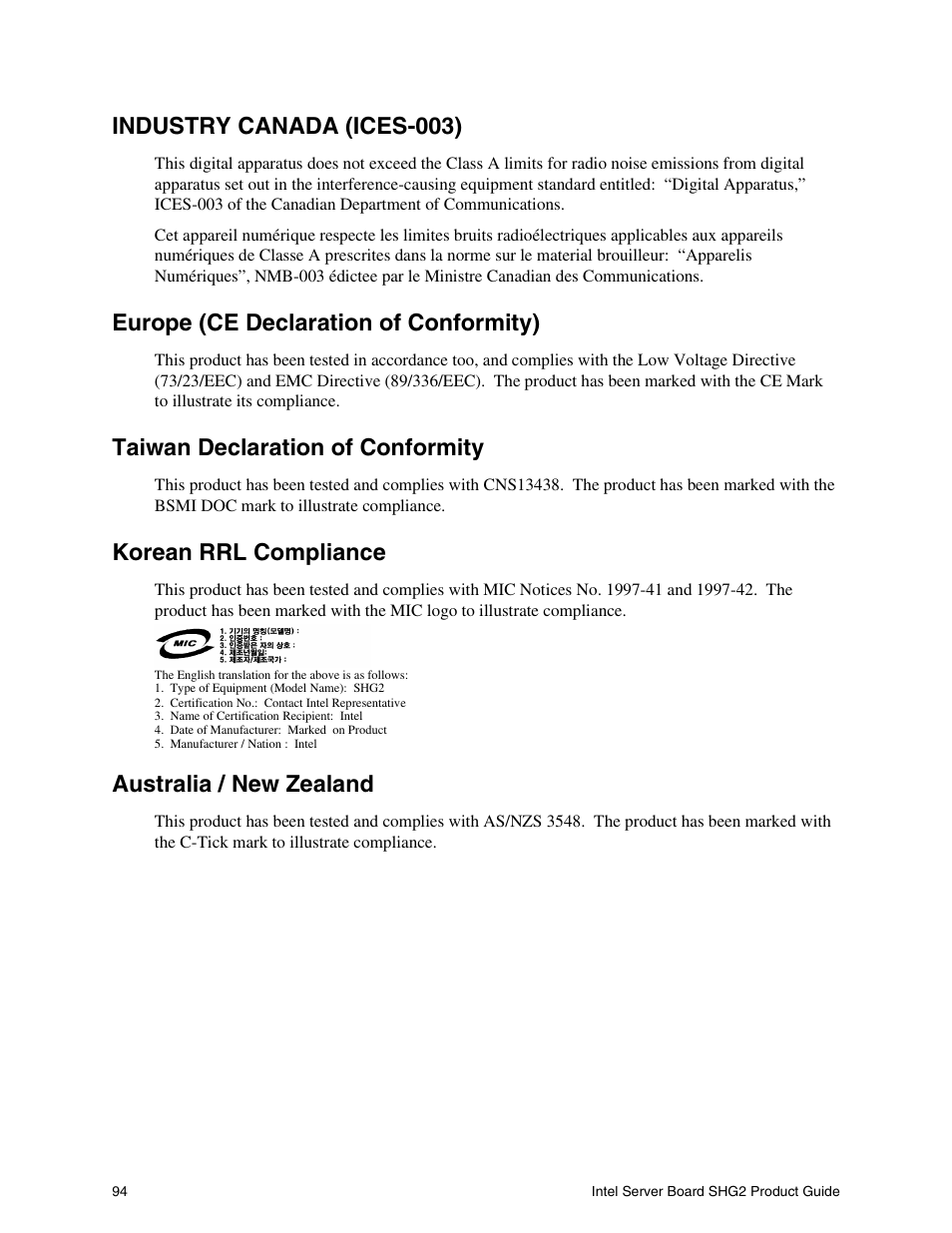 Industry canada (ices-003), Europe (ce declaration of conformity), Taiwan declaration of conformity | Korean rrl compliance, Australia / new zealand | Intel SHG2 User Manual | Page 94 / 100