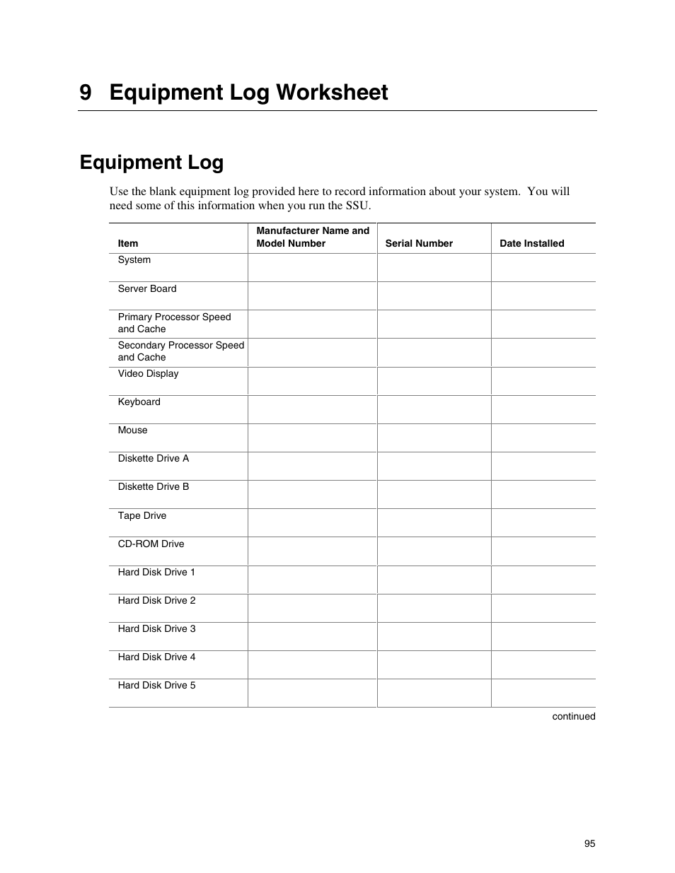 9 equipment log worksheet, Equipment log | Intel SHG2 User Manual | Page 95 / 100