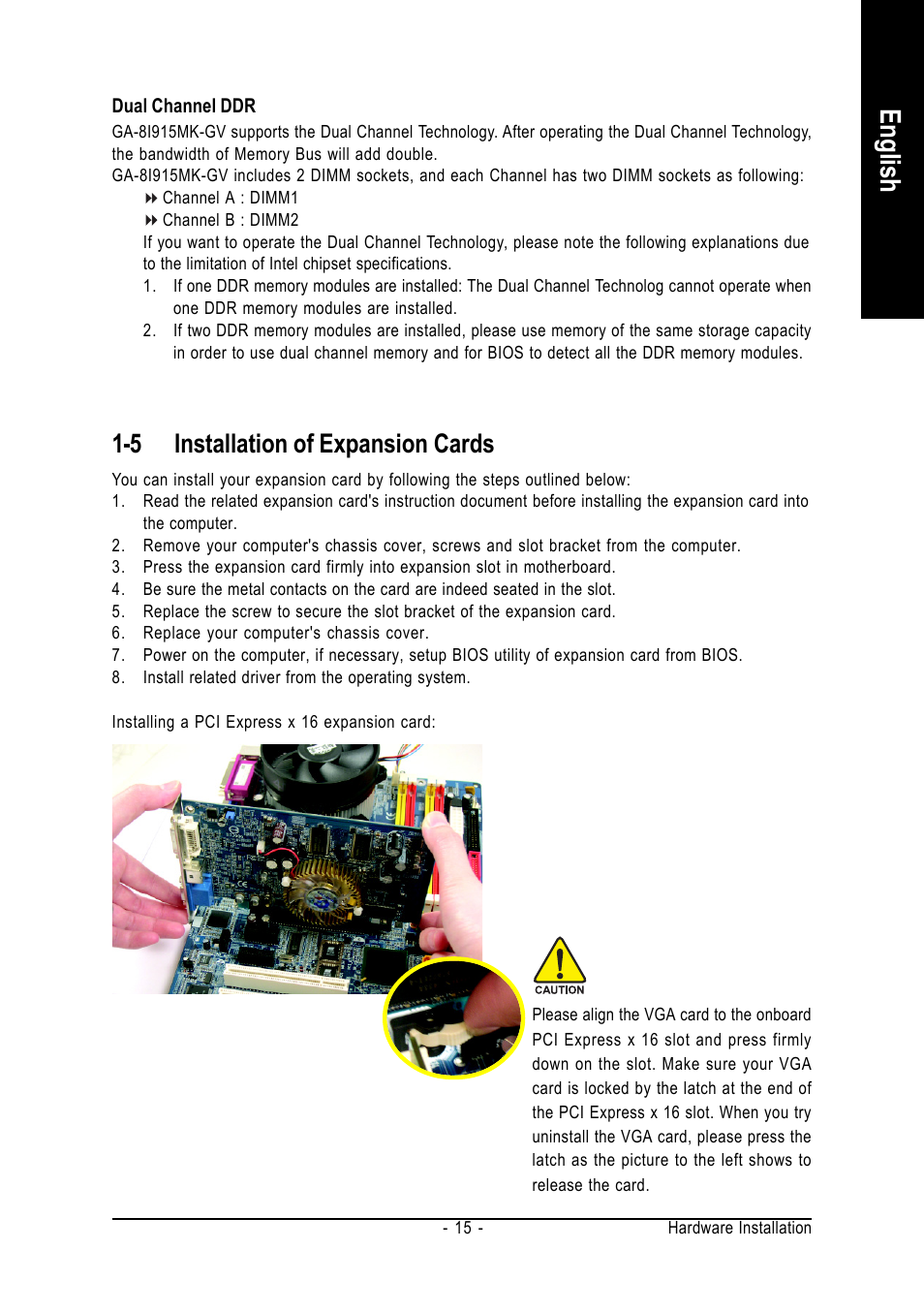 English, 5 installation of expansion cards | Intel GA-8I915MK-GV User Manual | Page 15 / 80