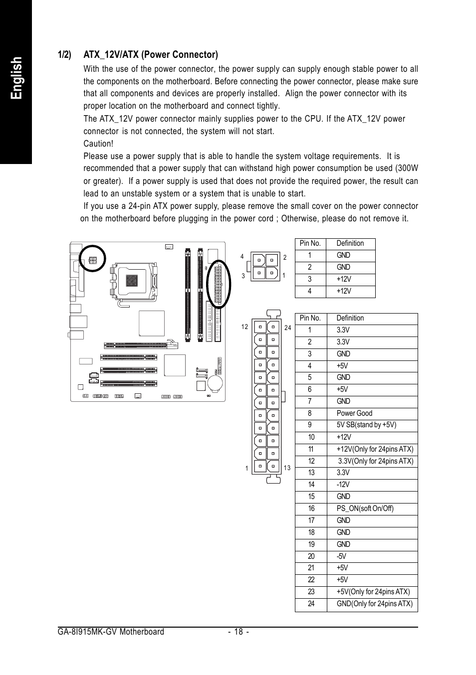 English, 1/2) atx_12v/atx (power connector) | Intel GA-8I915MK-GV User Manual | Page 18 / 80