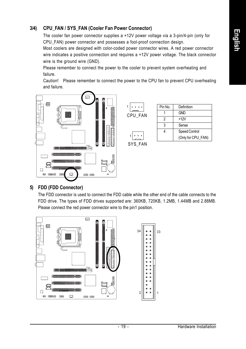 English, 5) fdd (fdd connector) | Intel GA-8I915MK-GV User Manual | Page 19 / 80