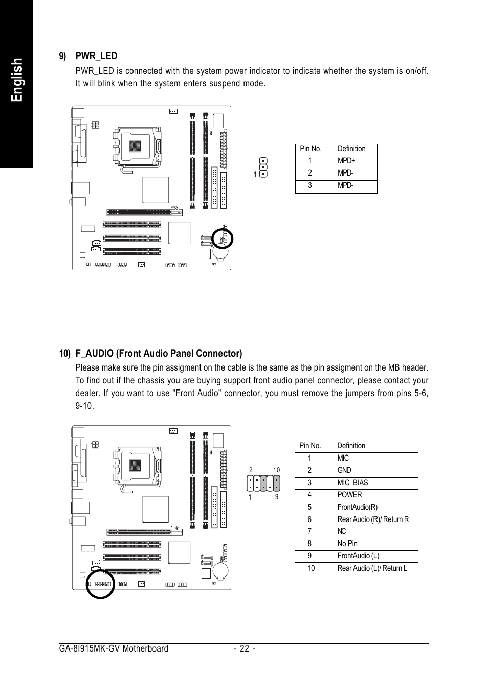 English, 10) f_audio (front audio panel connector), 9) pwr_led | Intel GA-8I915MK-GV User Manual | Page 22 / 80