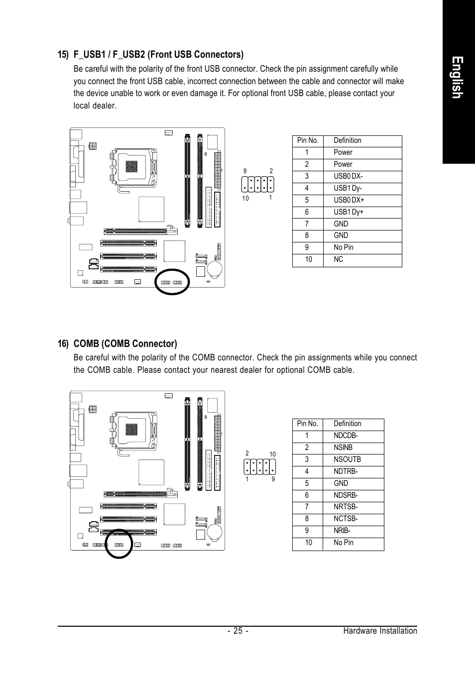 English, 15) f_usb1 / f_usb2 (front usb connectors), 16) comb (comb connector) | Intel GA-8I915MK-GV User Manual | Page 25 / 80